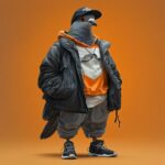 Full body shot of an anthropomorphic pigeon wearing street clothes, orange and w...