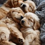 two super cute, super fluffy golden retriever puppies snuggled together --ar 2:3...