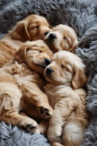 two super cute, super fluffy golden retriever puppies snuggled together --ar 2:3...