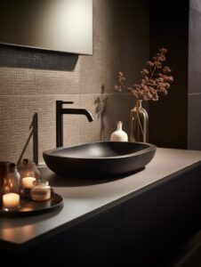 Hight angle view, extremely detailed close - up sink, a modern bathroom with mar...