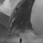 noir and dark, black and white photograph, giant the whale swam out into the des...