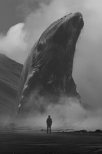 noir and dark, black and white photograph, giant the whale swam out into the des...