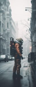 Photo of a spaceman walking in the streets of a gothic city, minimal foggy atmos...