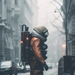Photo of a spaceman walking in the streets of a gothic city, minimal foggy atmos...