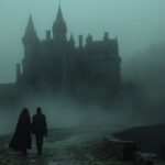 two people are standing next to a castle in the mist, in the style of horror fil...