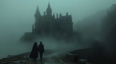 two people are standing next to a castle in the mist, in the style of horror fil...