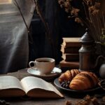 Coffee and small pastries with a book in top of it, in the style of gritty textu...