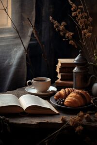 Coffee and small pastries with a book in top of it, in the style of gritty textu...
