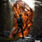 Inhuman human walking through forest and mountains, in the style of fluid, glass...