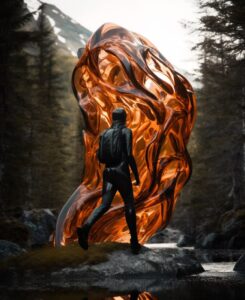 Inhuman human walking through forest and mountains, in the style of fluid, glass...