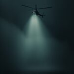 a helicopter flying over and shining a spotlight, in the style of criterion coll...