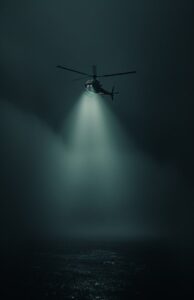 a helicopter flying over and shining a spotlight, in the style of criterion coll...