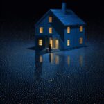 a house in an abstract blue pattern, in the style of quint buchholz, pointillist...