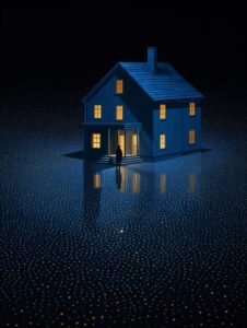 a house in an abstract blue pattern, in the style of quint buchholz, pointillist...