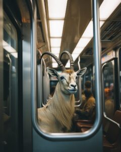 oryx antelope, subway compartement, 35 mm photography --ar 4:5 --upbeta --s 250 ...