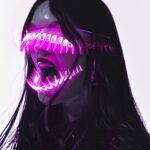 woman with a hologram VR, with pink hologram long fangs as vampire teeth, long b...