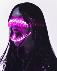 woman with a hologram VR, with pink hologram long fangs as vampire teeth, long b...