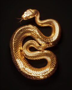 professional photography of a golden metallic snake, full body, studio photo wit...
