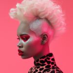 futuristic fashion portrait shot of an albino female figure of color, skin, blac...
