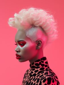 futuristic fashion portrait shot of an albino female figure of color, skin, blac...