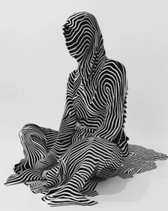 a black & white photo of a woman sitting in a striped position, in the style...