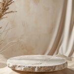 Background for cosmetic products of natural beige color. Stone podium on the san...