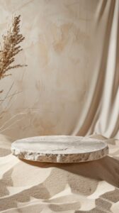Background for cosmetic products of natural beige color. Stone podium on the san...