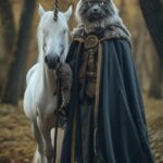 color photo of a personified blue-gray Mainecoon cat, adorned in the majestic ro...