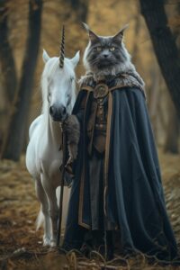 color photo of a personified blue-gray Mainecoon cat, adorned in the majestic ro...