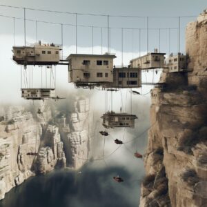 Realistic Leica photo of floating bauhaus style community habitat suspended betw...