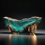An elaborate blown glass bathtub with gold edges, in the style of aquamarine, ch...