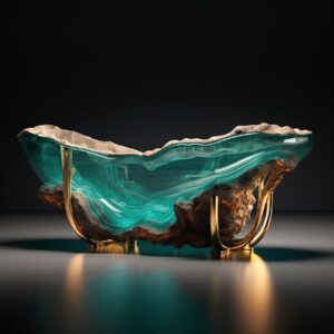 An elaborate blown glass bathtub with gold edges, in the style of aquamarine, ch...