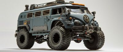 front-side shot of a remote-control 60s VW-Bus / muscle-car vehicle. Collaborati...