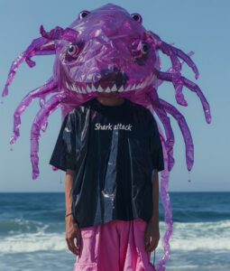 the close up portrait of person wearing an oversized lavender shirt and pink pan...