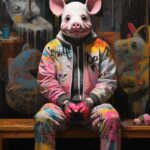 An oastronaut in pink shoes sits next to a stuffed pig in the style of martin wh...