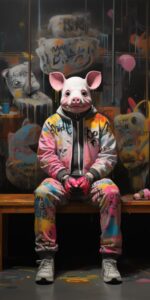An oastronaut in pink shoes sits next to a stuffed pig in the style of martin wh...