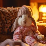 Under the warm yellow indoor lighting, there is a white lop-eared rabbit wearing...