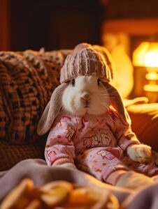Under the warm yellow indoor lighting, there is a white lop-eared rabbit wearing...