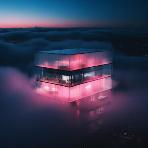 glass building above the clouds, architectural image, dusk, minimalism, birds ey...