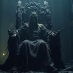 A creepy dead medieval king is slumping on a Gigantic eerie throne in a rotten d...