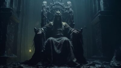 A creepy dead medieval king is slumping on a Gigantic eerie throne in a rotten d...