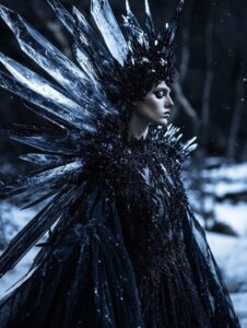 a photo for vogue magazine of a woman wearing eccentric couture dress made of bl...