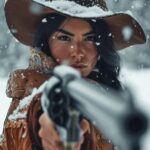 a snowy frontier native American girl, worn stetson hat, revolver handgun, in th...