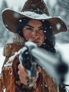 a snowy frontier native American girl, worn stetson hat, revolver handgun, in th...