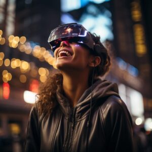 A woman with a high-tech VR headset looking into the air. The women is facing th...