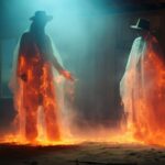 Wild West ghostly showdown, abandoned desert ghost town, spectral colors, ghostl...