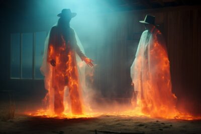 Wild West ghostly showdown, abandoned desert ghost town, spectral colors, ghostl...