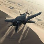 a military plane in the air over sand, in the style of realistic renderings of t...