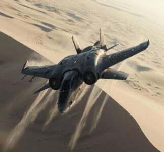 a military plane in the air over sand, in the style of realistic renderings of t...