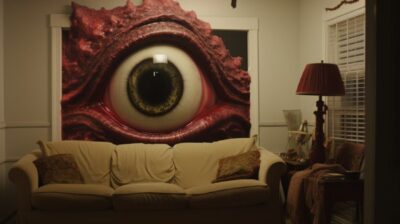 We see a livingroom and outside of the window is a cute godzilla eye looking ins...